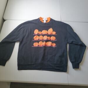 Vintage Halloween Sweatshirt Women Large Black Pumpkin Jack o lantern Top Fleece